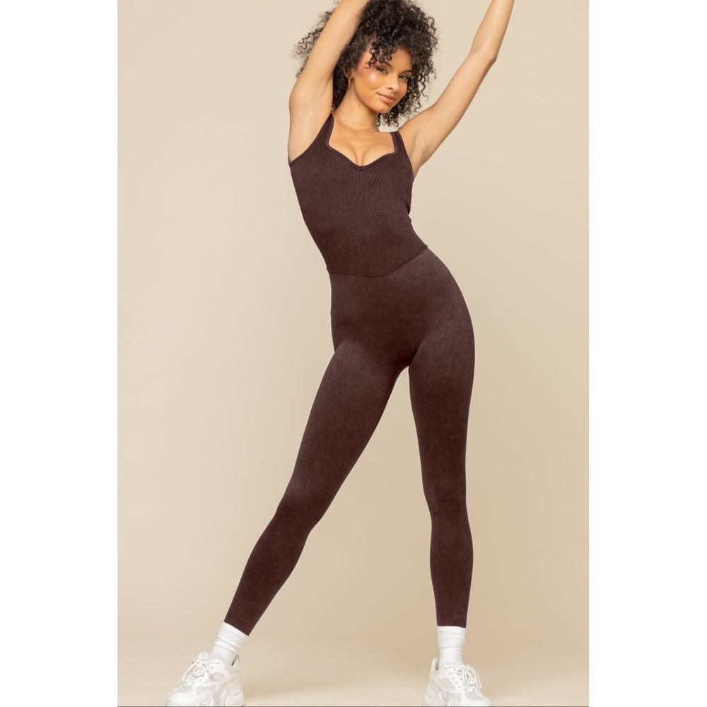 Popflex Seamless Onesie Brown Ribbed Jumpsuit Size Smallflex (S/M) French Roast